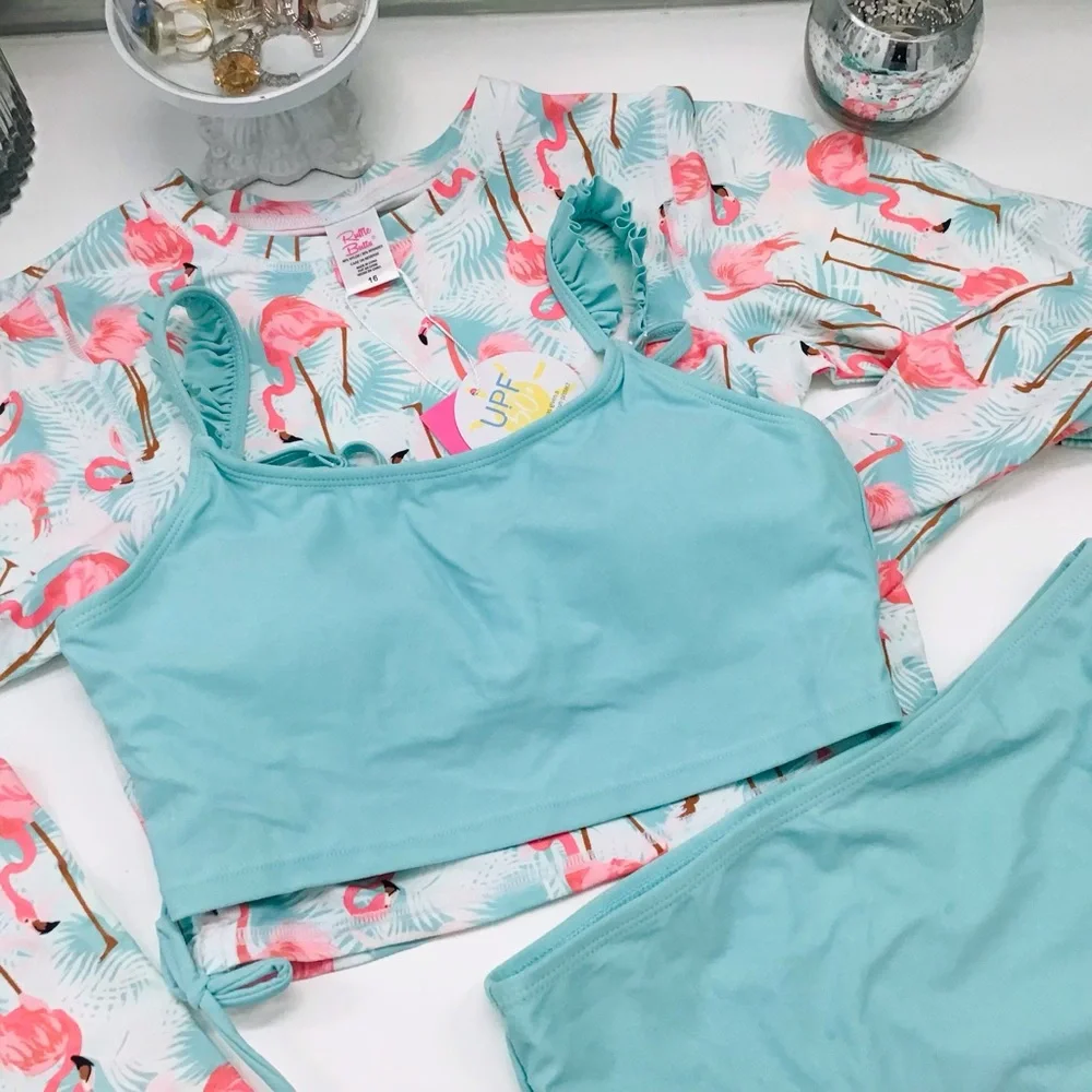 Ruffle Butts Aqua Flamingos Rashguard Swim Set Sz 16